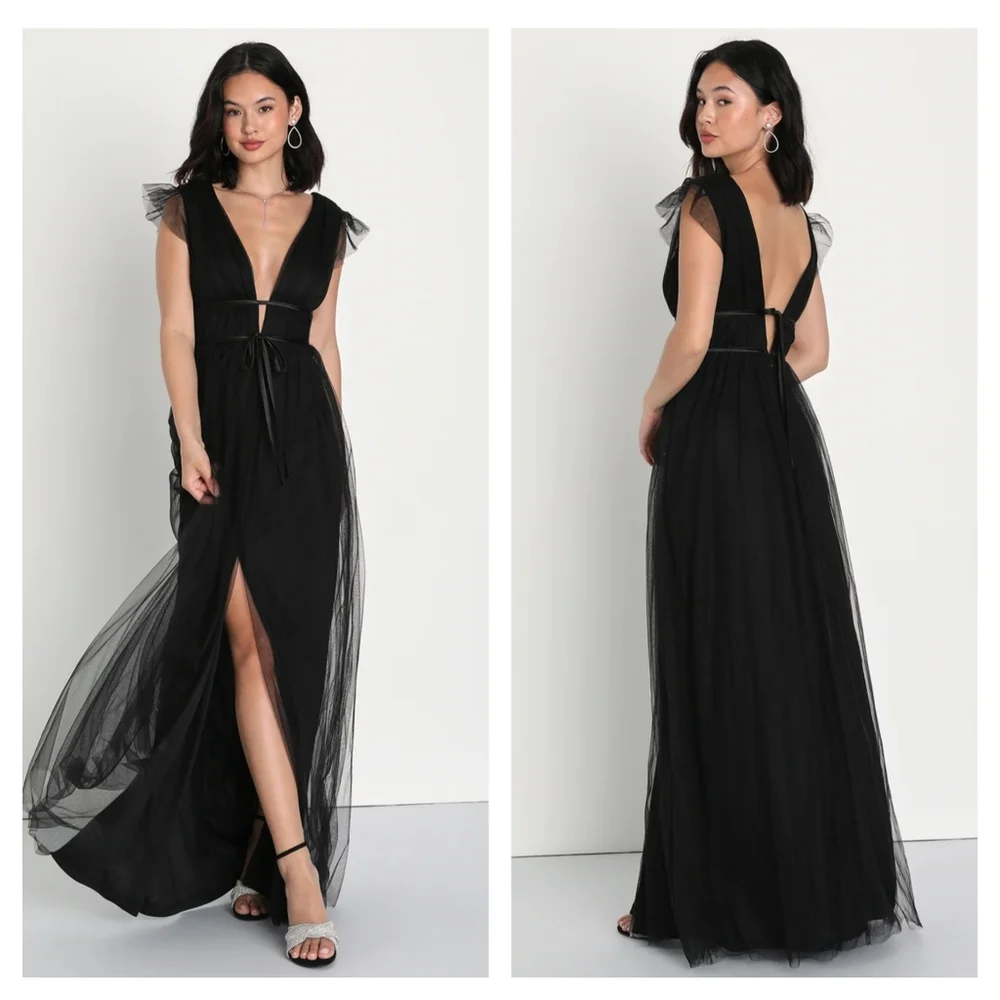 Lulu's Black Tulle Maxi Dress with Deep V & Open Back - Picture 1 of 7
